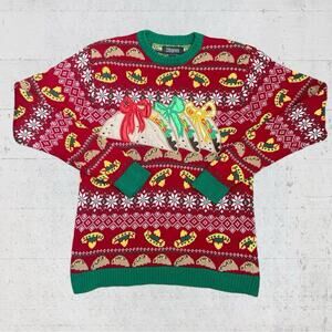33 Degrees THREE TACOS Knit Ugly Christmas Sweater Unisex Size S RED Sombrero